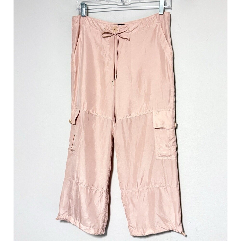 Theory 100% Silk Utility Cargo Classic Habotai Pants Sz 0 Pink Crop Drawstring